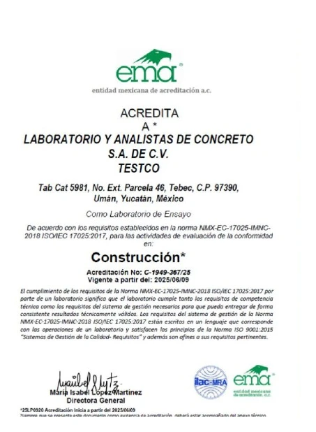 Certificado de acreditación de la ema a Laboratorio y Analistas de Concreto, S.A. de C.V. (TESTCO), acreditación No. C-1949-367/25